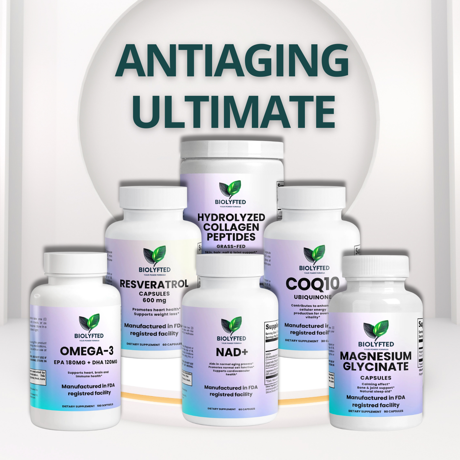 Apoyo antienvejecimiento completo con NAD+, CoQ10, resveratrol, omega-3, magnesio y colágeno. Aumenta la energía celular, protege el corazón, restaura la piel y la vitalidad desde el interior.