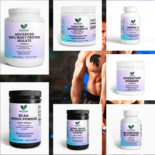 Domina cada sesión con Whey Protein, Creatina, BCAA, Preentreno, Polvo hidratante, Omega-3 y Magnesio. Diseñado para un rendimiento de élite, una recuperación más rápida y una resistencia duradera.